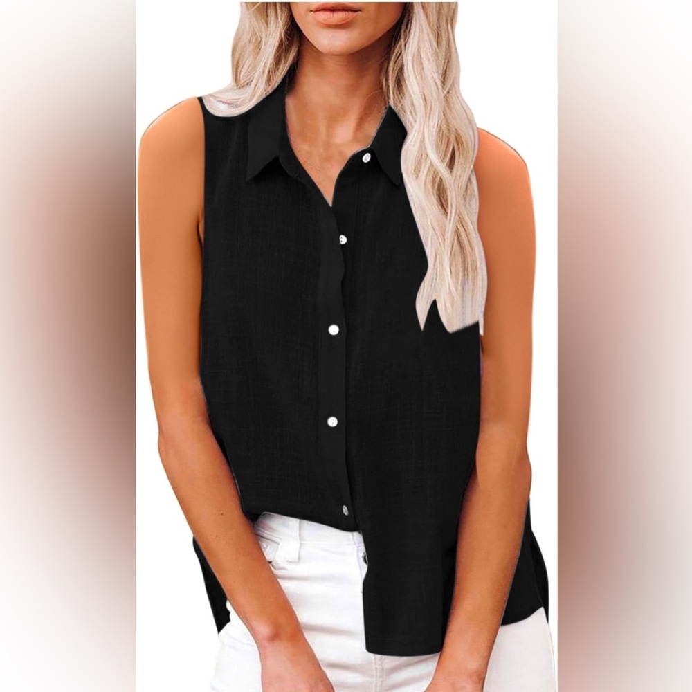 Womens Sleeveless Button Down Tank Top Shirt V Neck Collared Cotton Blouse NWT